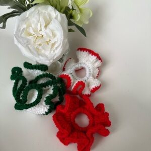 Crochet Scrunchies Handmade. Red, white, green. Christmas combination colors.